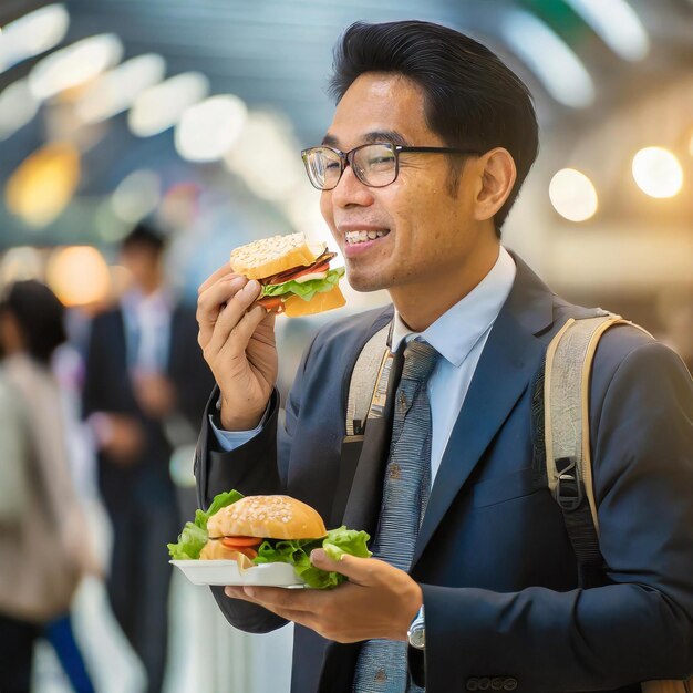 Foto una foto de un hombre de negocios ocupado agarrando apresuradamente un sándwich en una terminal de aeropuerto abarrotada