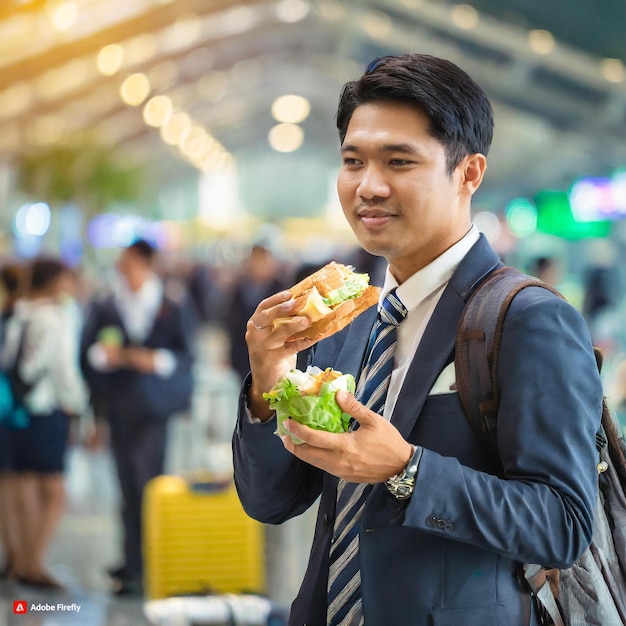 Foto una foto de un hombre de negocios ocupado agarrando apresuradamente un sándwich en una terminal de aeropuerto llena de gente