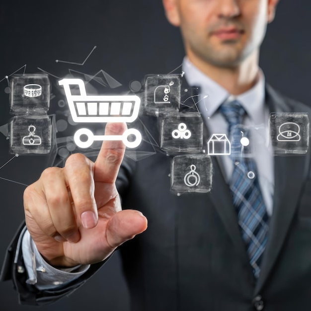 Foto de un hombre de negocios tocando el icono del carrito en un negocio de concepto de pantalla virtual de compras en línea