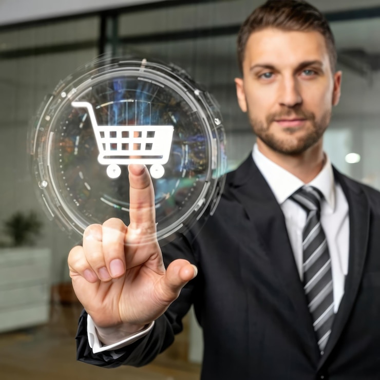 Foto foto de un hombre de negocios tocando el icono del carrito en un negocio de concepto de pantalla virtual de compras en línea