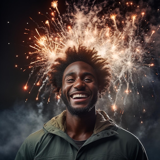 foto de un hombre negro sonriendo frente a los fuegos artificiales