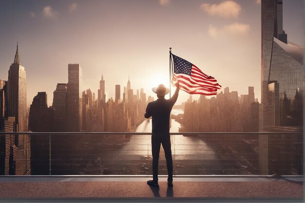 Foto de un hombre de pie y sosteniendo la bandera de los Estados Unidos al amanecer vista de la ciudad de Nueva York