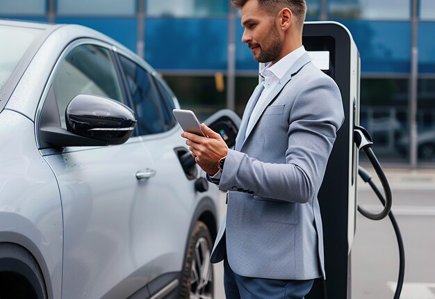 Foto de un hombre poniendo un coche eléctrico en el cargador