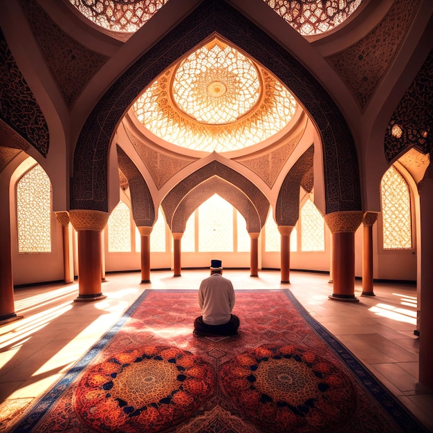 Foto de un hombre rezando en la mezquita.