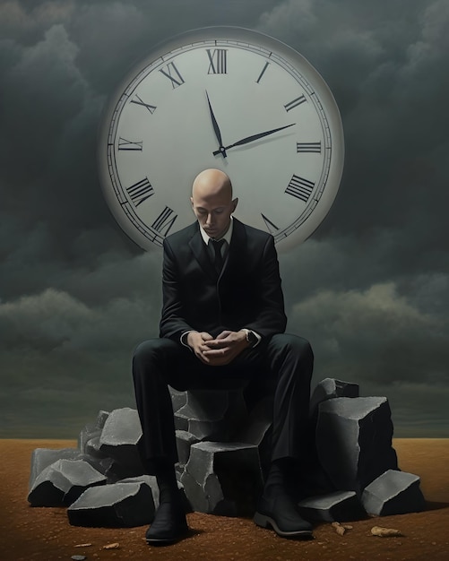 Foto foto de un hombre sentado frente a un gran reloj surrealismo arte generativo ai