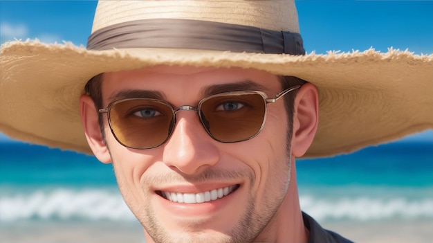 Foto de un hombre con sombrero y gafas de sol sonriendo a la cámara con playa por IA generativa