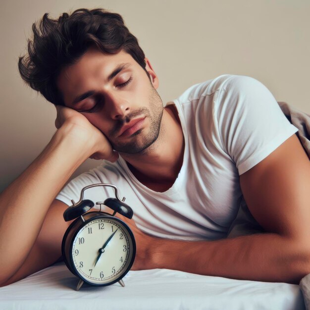 Foto hombre soñoliento perezoso para despertar con el reloj en un fondo sólido ai generativo