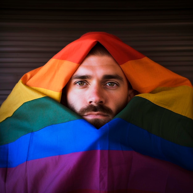 Foto foto de un hombre sosteniendo una bandera lgbt