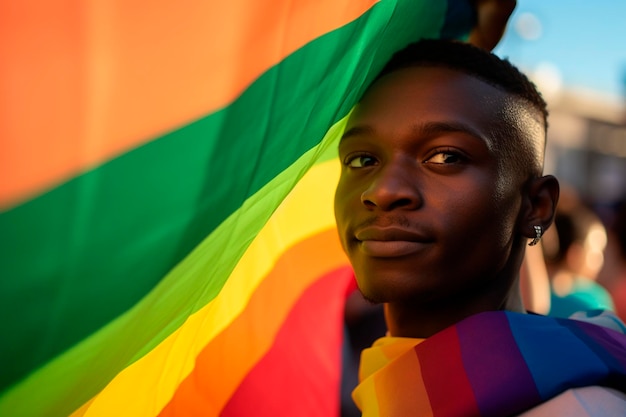 Foto de un hombre sosteniendo una bandera LGBT