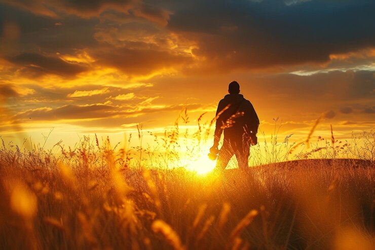 Foto de un hombre sosteniendo una cámara en el campo de la puesta de sol en el estilo de bordes suaves y detalles borrosos paisajes dramáticos románticos