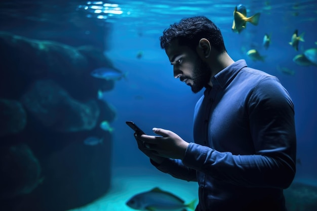 Foto de un hombre sosteniendo su teléfono móvil en el acuario