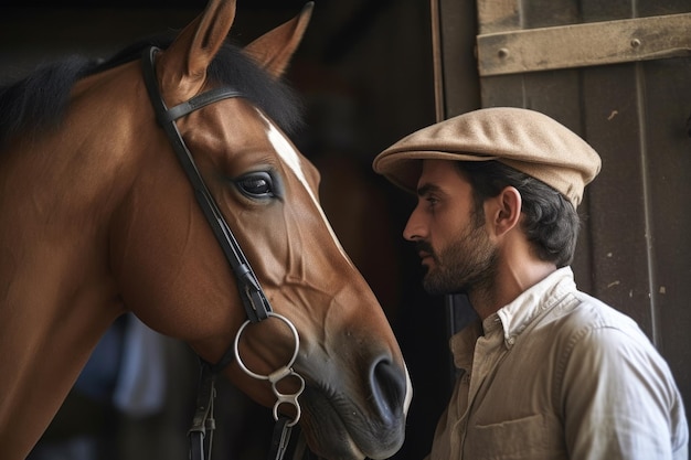 Foto de un hombre y su caballo en un establo.