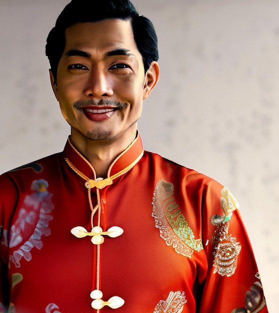 Foto hombre vestido con cheongsam sonriendo y de pie