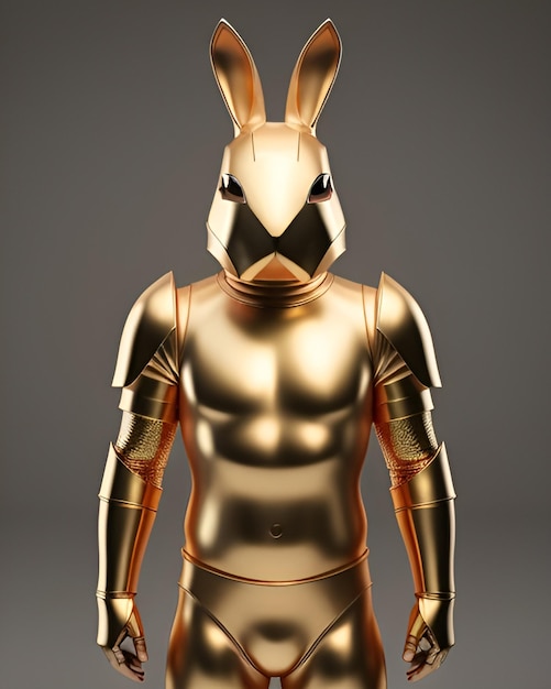 foto de un hombre vestido con traje de armadura dorada con cabeza de conejo dorada IA generativa