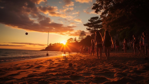 Una foto de hombres atléticos de 18 años jugando voleibol en la playa al amanecer.