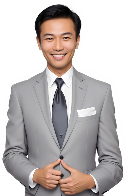 foto homem de negócios asiático bonito e amigável sorriso em terno formal em fundo branco