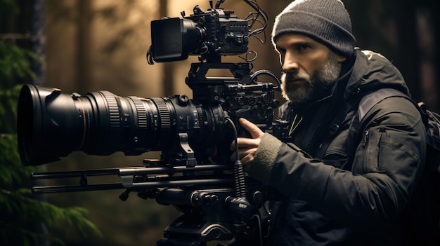 Foto homem filmando com uma câmera profissional