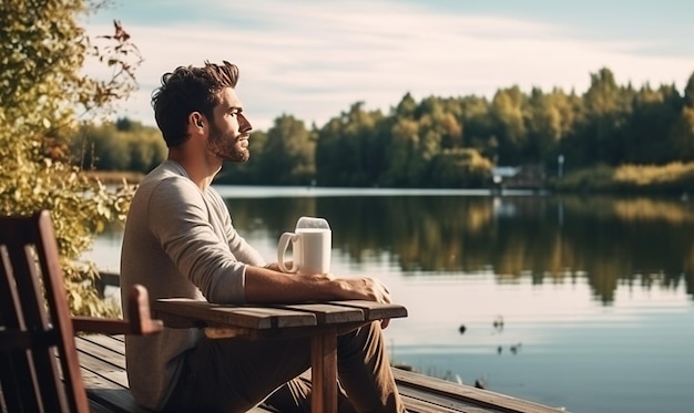 Foto homem livre sentado na margem do lago desfrutando de chá e café