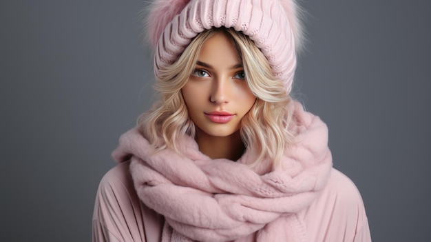 Foto horizontal de uma bela modelo feminina vestindo roupas de inverno