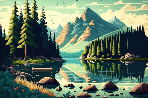 Foto horizontal de uma cena deslumbrante, incluindo um lago pacífico, terreno exuberante e montanhas