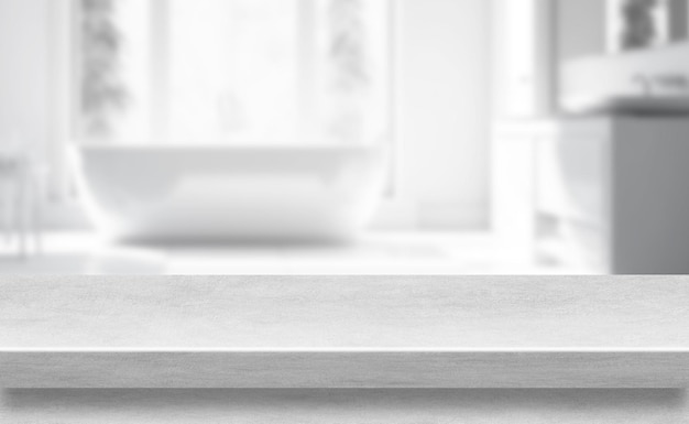 Foto horizontal de una mesa de mármol con un fondo borroso de diseño interior moderno y contemporáneo