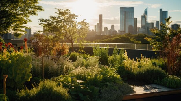 Una foto de un horizonte de la ciudad en un jardín en la azotea