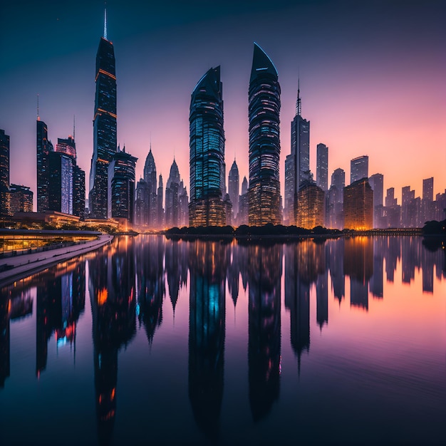 Foto de un horizonte de la ciudad reflejado en un cuerpo de agua tranquila Ai Generado