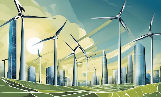 Foto del horizonte de una ciudad con turbinas eólicas y paneles solares integrados en edificios surrealistas.