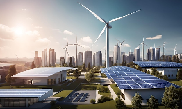 Foto del horizonte de una ciudad con turbinas eólicas y paneles solares integrados en los edificios.