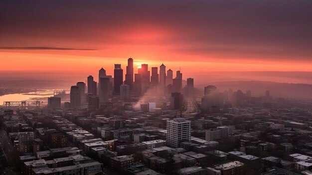 Una foto del horizonte urbano al amanecer