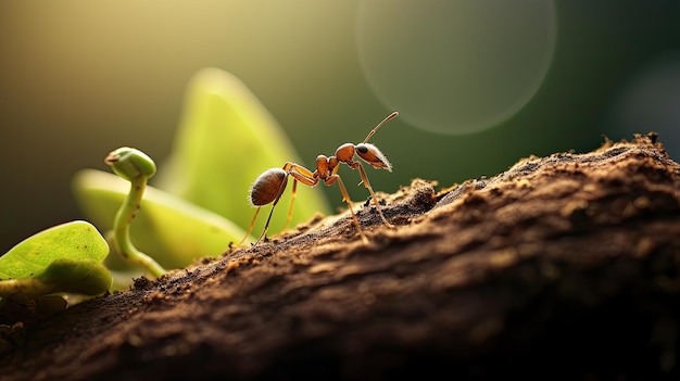 Una foto de una hormiga minúscula llevando una hoja de luz suave de la mañana