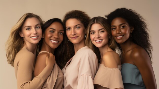 Foto hübsche afrikanische und kaukasische Frauen in schwarzen Jeansoberteilen blicken in die von KI erzeugte Kamera