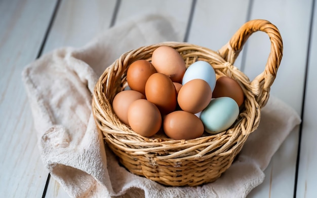 Foto huevos de gallina dentro de una canasta con la toalla sobre fondo blanco 7