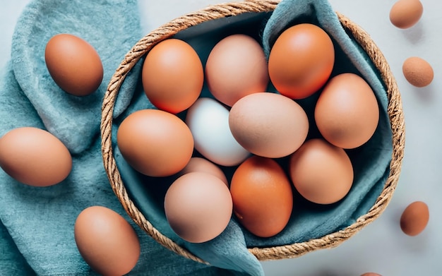 Foto huevos de gallina dentro de una canasta con la toalla sobre fondo blanco 7