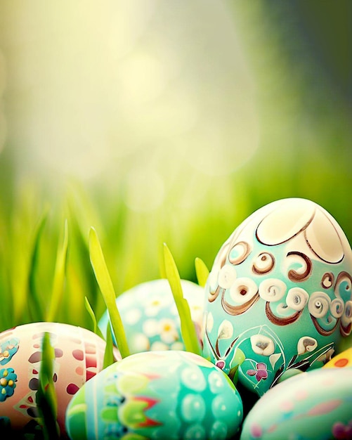 Una foto de huevos de pascua en un campo de hierba con un diseño azul y blanco.