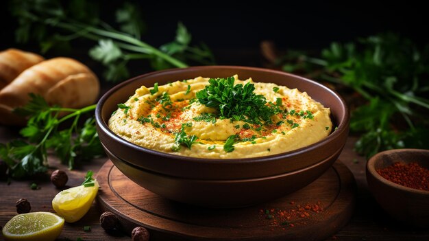 Foto Hummus in einer Keramikschüssel auf einer leichten Oberflächenansicht, die von KI generiert wurde