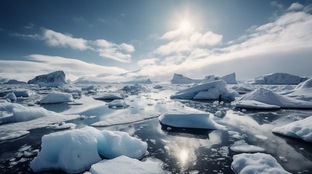 Una foto de icebergs y el sol brillando a través de las nubes.