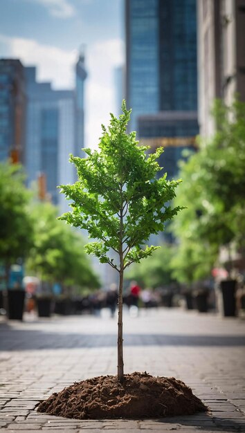 Foto foto de icono de reciclaje en un árbol plantado en hormigón en una ciudad concurrida campaña ecológica go green