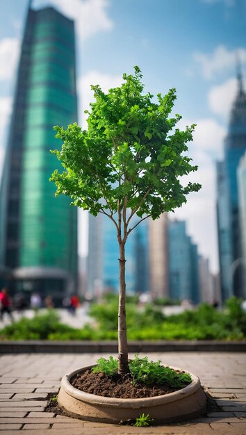Foto de icono de reciclaje en un árbol plantado en hormigón en una ciudad concurrida Campaña ecológica Go Green