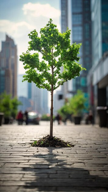 Foto foto de icono de reciclaje en un árbol plantado en hormigón en una ciudad concurrida campaña ecológica go green