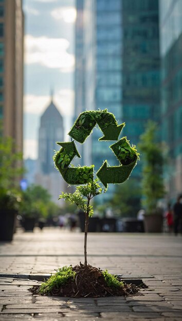 Foto foto de icono de reciclaje en un árbol plantado en hormigón en una ciudad concurrida campaña ecológica go green