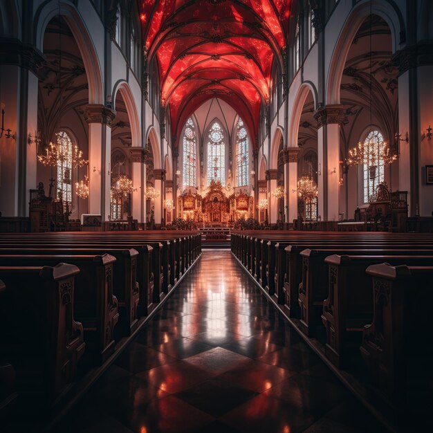 Una foto de una iglesia con poca luz.