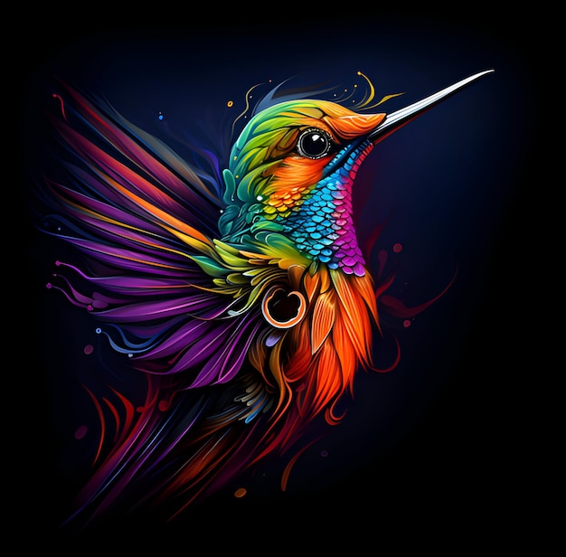 Foto foto ilustración colorida del colibrí sobre fondo negro generativo ai