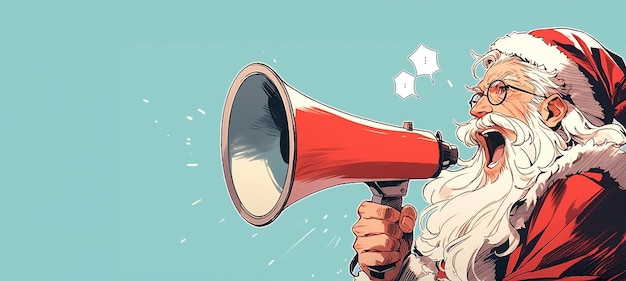 Foto ilustración de dibujos animados de santa claus con megáfono feliz día de navidad banner de venta de navidad