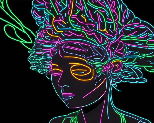 Foto de una ilustración digital de una mujer con un cerebro iluminado por neón