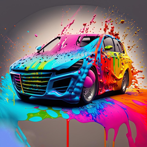 Foto una ilustración generada de un coche cubierto con pintura de colores