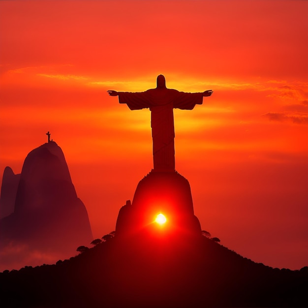 Foto una ilustración de Jesús levantado en el aire frente a un amanecer