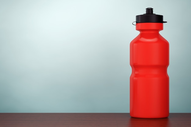 Foto im alten Stil. Rote Sport-Plastikwasserflasche auf dem Tisch. 3D-Rendering