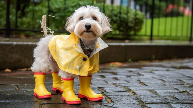 Foto una foto de un impermeable para perro y botas para mojado