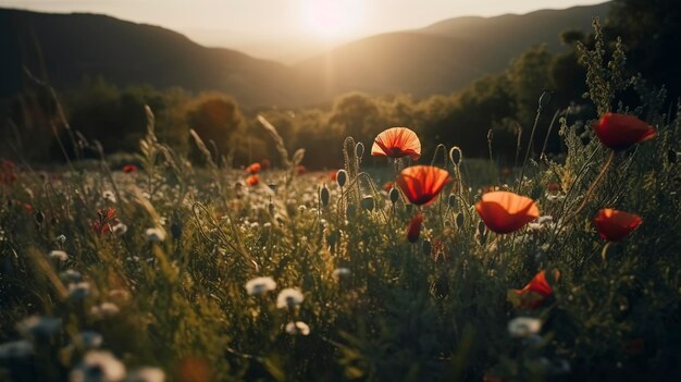 Una foto impresionante captura la hora dorada en un campo de amapolas rojas radiantes que simbolizan la belleza, la resistencia y la fuerza de la naturaleza generan ai